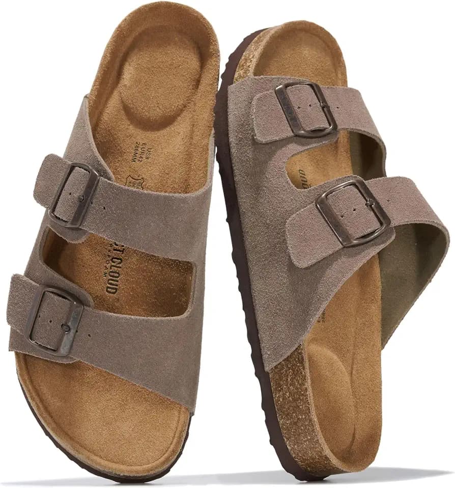 Mens Sandals, 100% Genuine Leather Mens Slides Cork Footbed Sandals for Men