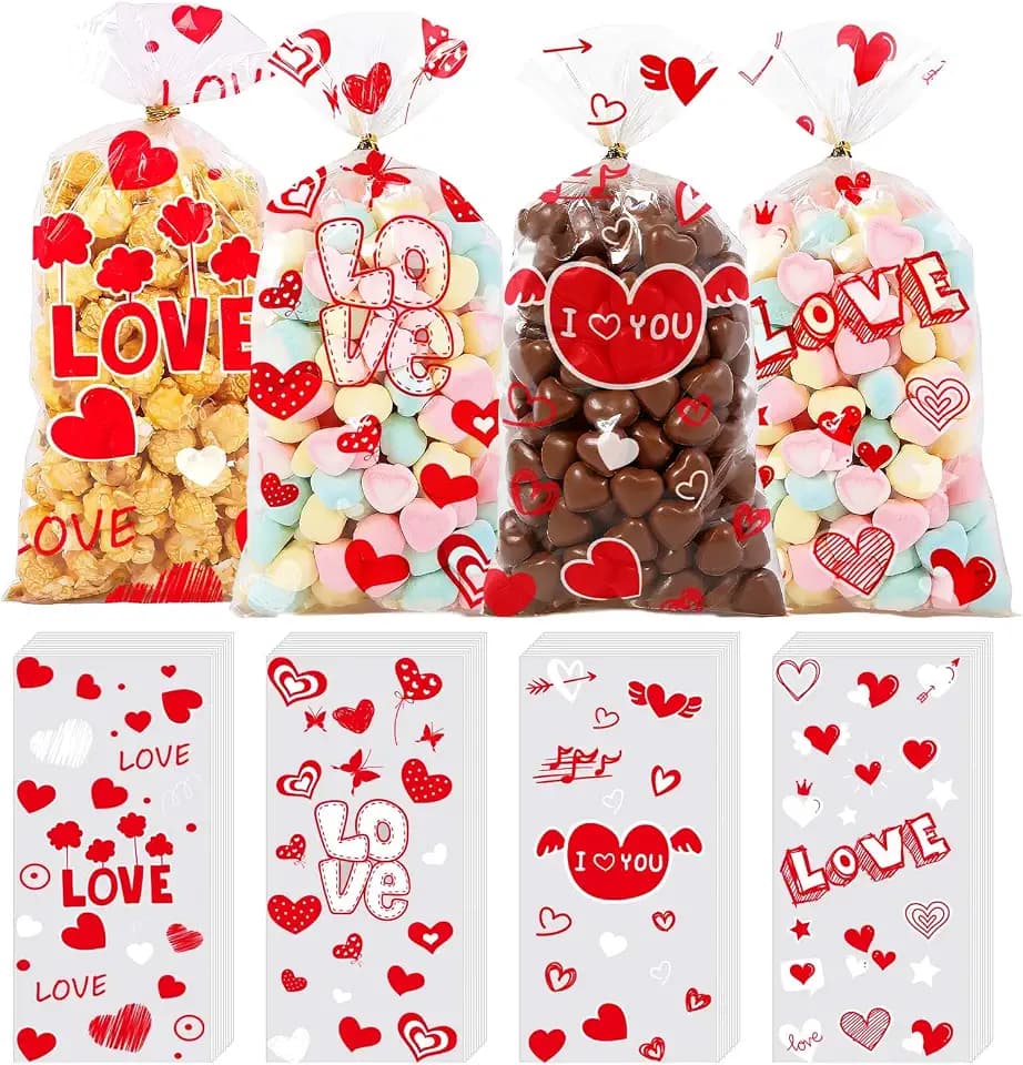 ONFAON Valentines Goodie Bags, 180pcs Valentines Candy Bags with 200pcs Twists for Snacks Cookies Candy Packing, Cellophane Treat Bags for Classroom Parties, Kids, Coworkers
