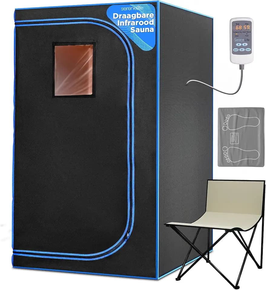 SereneLife Portable Sauna Box for Home, Infrared Sauna Tent with Heated Foot Pad and Folding Chair, Remote Control In-Home Spa, 35" x 71" - inch (Black)