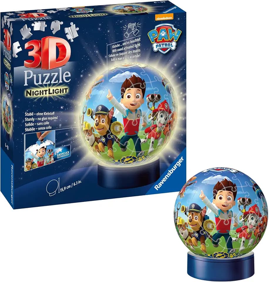 Ravensburger 3D Puzzle 11842 - Nachtlicht Puzzle-Ball Paw Patrol - ab 6 Jahren, LED Nachttischlampe mit Klatsch-Schalter