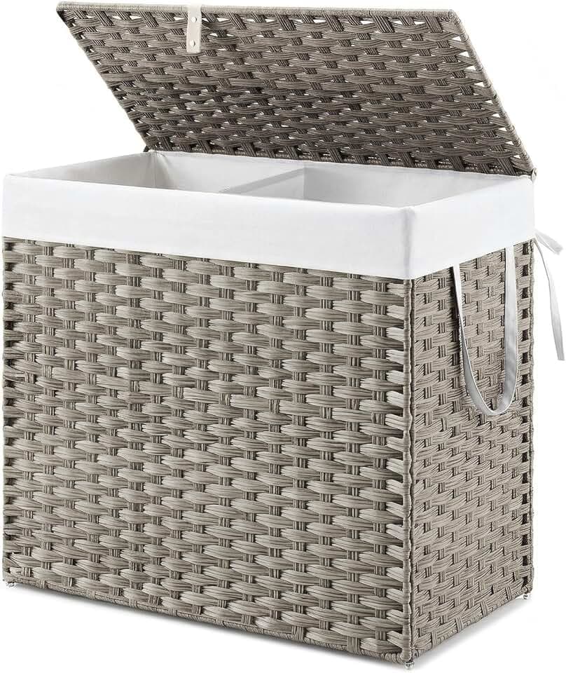 NEWBULIG Laundry Hamper with Lid, 29 Gallon (110L) Wicker Clothes Basket, Double Woven Clothes Basket Organizer for Bedroom, Bathroom & Laundry Room, Grey