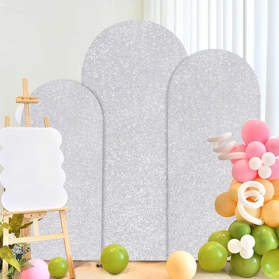 Silver Arch Cover 3 Set Sequin Arch Backdrop Covers 6FT, 6.6FT, 7.2FT Round Top Chiara Backdrop Cover for Bridal Shower Ceremony Party Decor