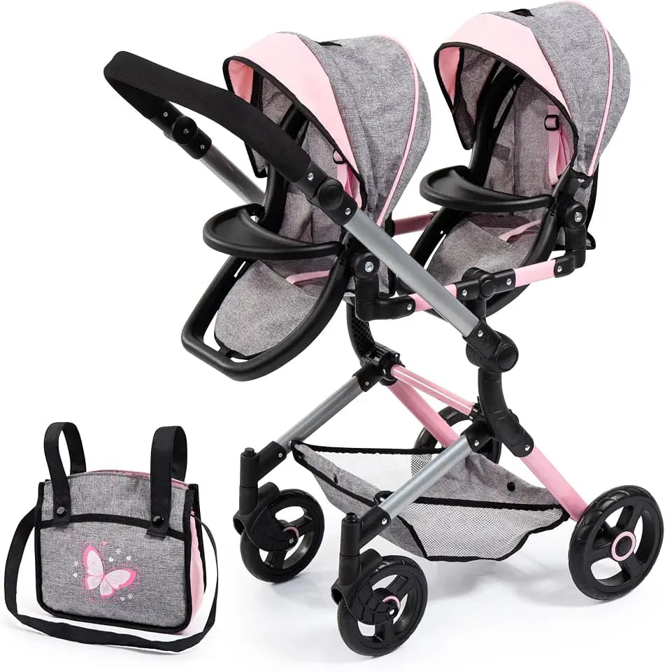 Bayer Twin Doll Pram Neo, 2-Seater Stroller, Grey Pink with Butterfly