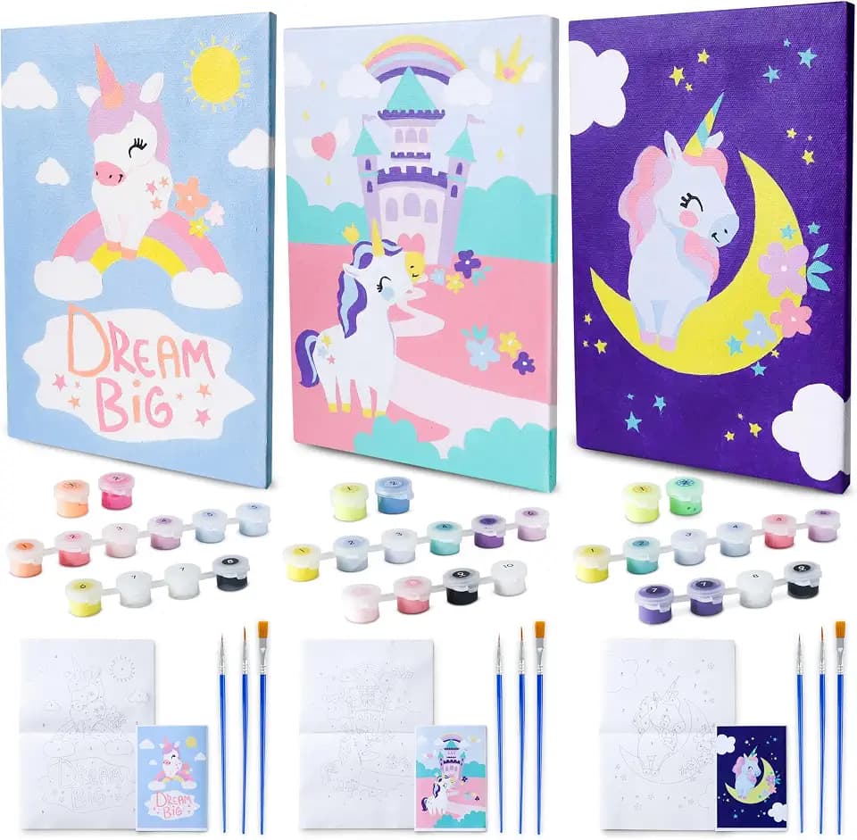 BONNYCO Malen nach Zahlen Kinder Einhorn 3 Stück. Einhorn Geschenke für Mädchen Junge, Bastelset Kinder. Malen nach Zahlen mit Rahmen, Paint by Numbers. Bastelset Mädchen 6 7 8 Jahre, Kreativ Set