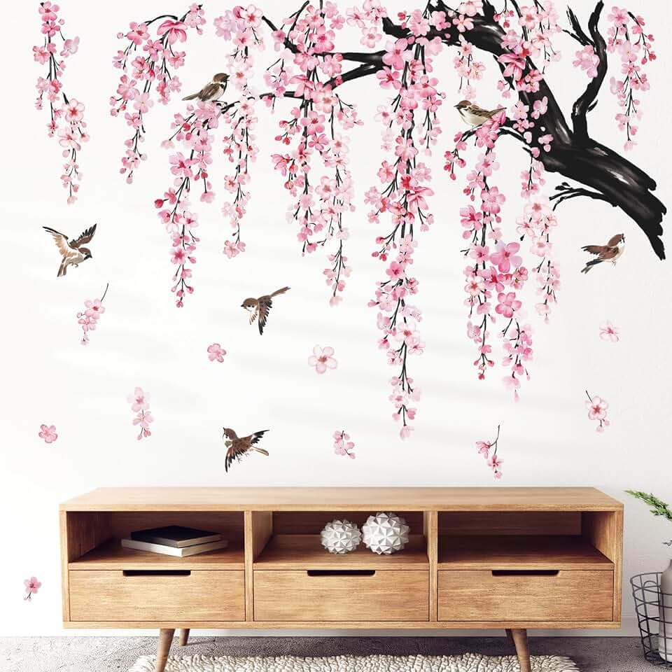 wondever Wandtattoo Kirschblüte Baum Ast Wandsticker Hängende Blumen Vögel