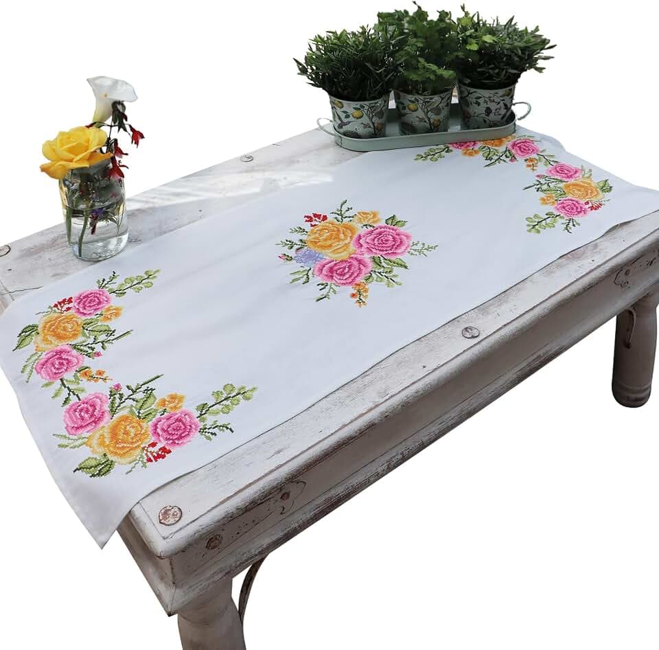 Trimits Bedrucktes Kreuzstich-Set, Tischläufer – inklusive bedrucktem Stoff, Fäden, Nadel und Anleitung (evtl. nicht in deutscher Sprache), 40 x 100 cm, Blumenstrauß