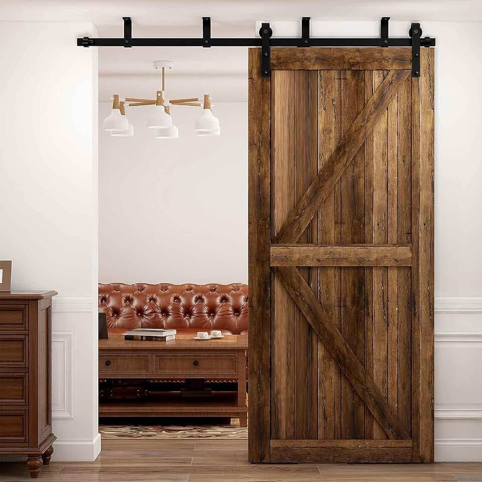 CCJH 8FT Ceiling Mount Sliding Barn Door Hardware Kit Low Ceiling L-Shape Bracket System for 48" Wide Single Wood Door Heavy Duty (Basic Style Hanger)