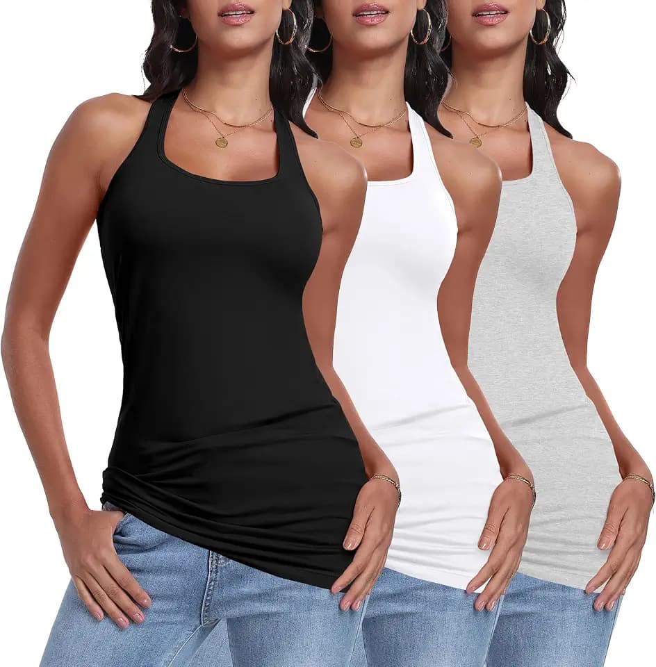 Cotton Racerback Long Tank Tops for Women Tunic Layering Sleeveless Undershirts Moisture Wicking 3 Packs