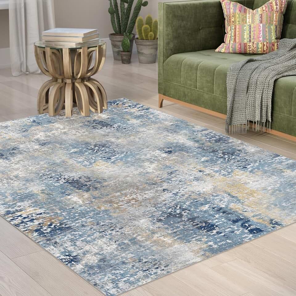Washable Blue Area Rugs 3x5 Modern Abstract Non Slip Low Pile Indoor Floor Small Carpet for Living Room Bedroom Dinning Room Kitchen