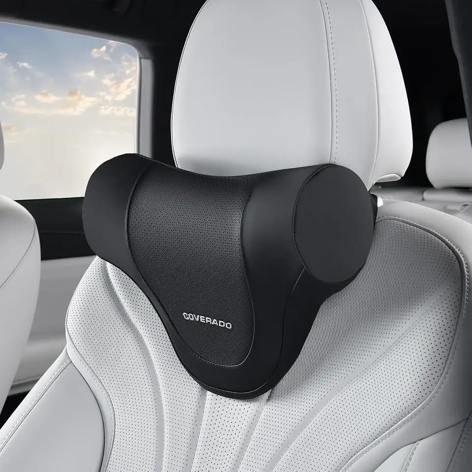 Coverado Car Headrest Pillow, Ergonomic Memory Foam Car Neck Pillow for Driving Seat with Adjustable Strap, Soft PU Leather Breathable Removable Cover Neck Support for Neck Pain Relief