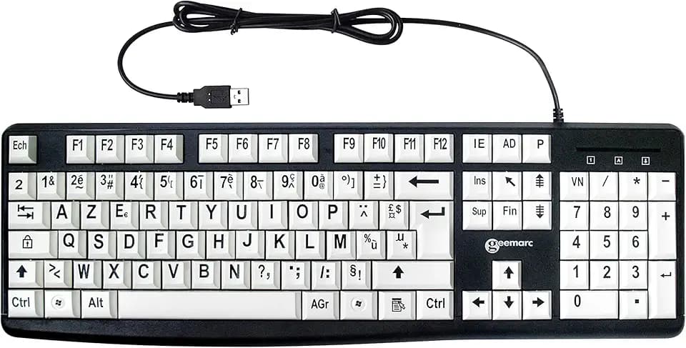 Geemarc Alphanumerische Tastatur, kabelgebunden, mit großen schwarzen Zeichen auf großen weißen Tasten, hoher Kontrast für Sehbehinderte – kompatibel mit Windows XP, Vista, 7, 8, 10 – AZERTY