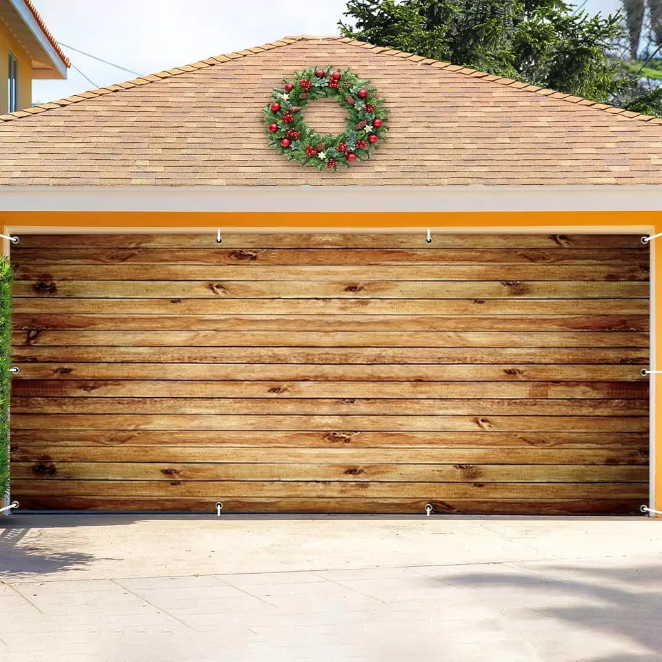 Wood Garage Door Cover Decorations Banner Brown Wooden Rustic Wall Outdoor Party 2 Car Backdrop Wood Country Floor Mural Background Studio Props Polyester 7x16ft