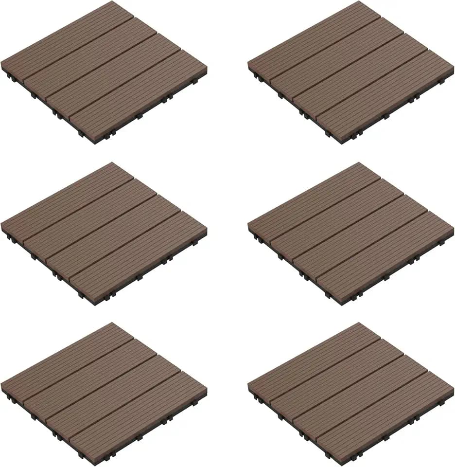 Interlocking Deck Tiles - 6-Pack Wood Plastic Composite Patio Tiles - Outdoor Flooring for Balcony, Porch, and Garage by Pure Garden (Brown)