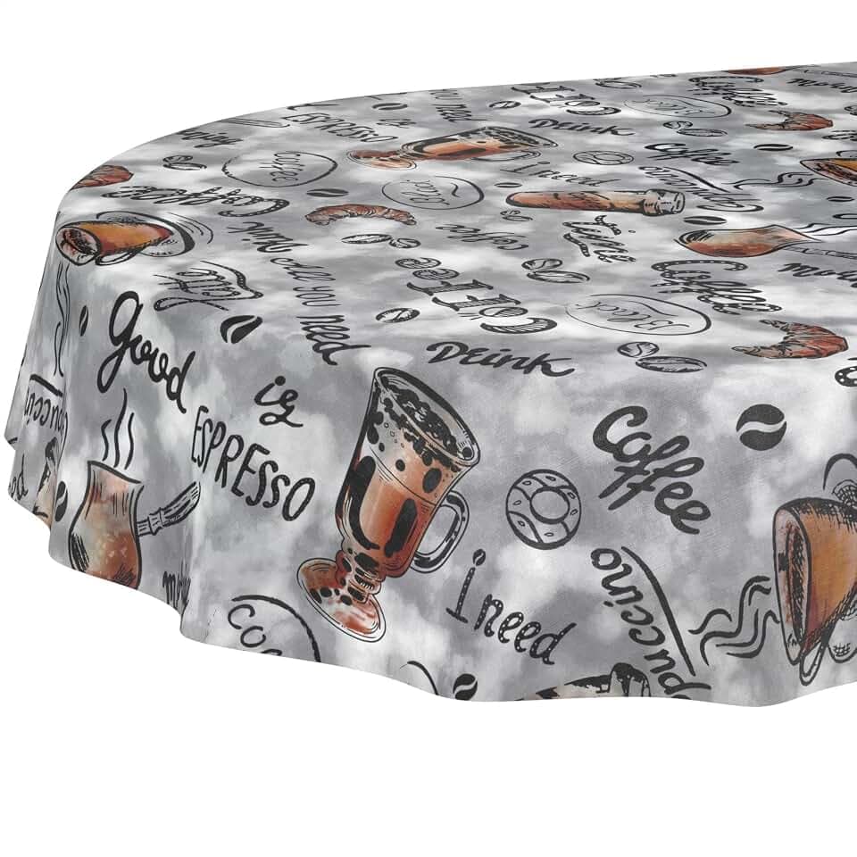 Wachstuchtischdecke Tischdecke abwaschbar Wachstischdecke pflegeleicht wasserabweisend Lotuseffekt Gartentischdecke Coffee Kaffee Oval 180 x 140 cm Schnittkante