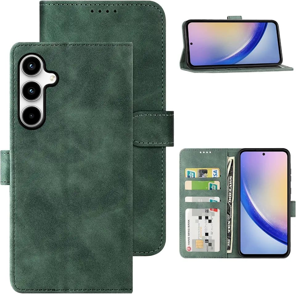 Galaxy A35 5G Hülle, [PU Leder Klapphüllen][3 Kartenfächer][Standfunktion] [Magnetverschluss] Stoßfeste Schützend Handyhülle for Samsung Galaxy A35 5G (2024), Grün