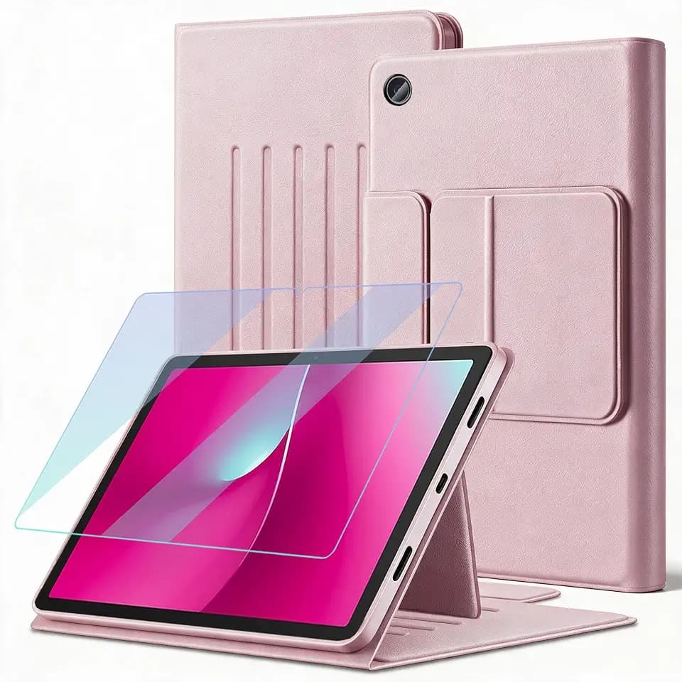 Case for T-Mobile REVVL Tab 2 (2025 Release, 10.1") with Screen Protector, Adjustable Angles Stand Back Cover Shockproof Premium PU Leather Case for 10.1 Inch REVVL Tab 2 2025 (Pink)
