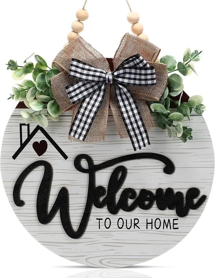 12 Inch 3D Welcome Sign for Front Door- Farmhouse Welcome Door Sign for Front Porch Decor，Wooden Door Decorations Outdoor Hanging Home Signs，Door Wreaths for Front Door Outside All Season