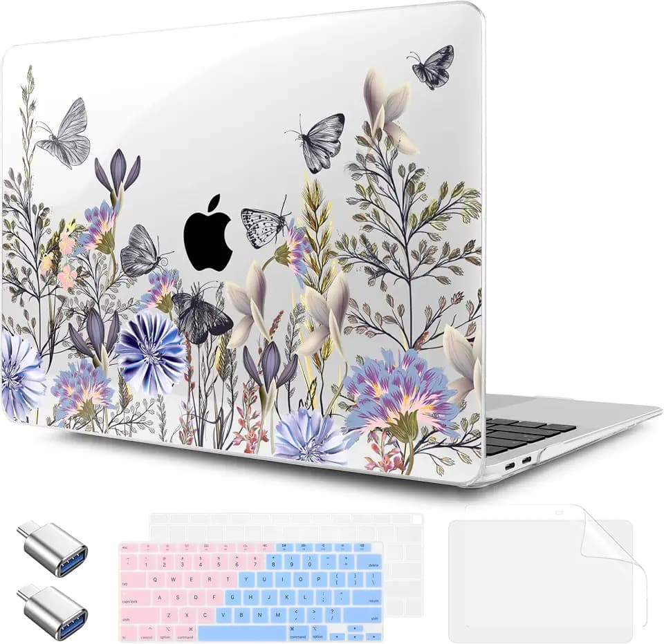 TWOLSKOO for MacBook Air 13.3 inch Case 2021 2020 2019 2018 Release M1 A2337 A2179 A1932 with Touch ID, Plastic Hard Shell Case & Keyboard Cover & Type C Adapter, Garden Flower