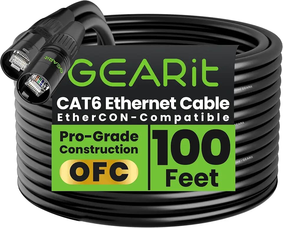 GEARit Shielded CAT6 Ethercon Cable (100 Feet) Professional Audio & Lighting RJ45 EtherCON-Compatible Cable for Studio, Stage, Concerts - 100ft Black