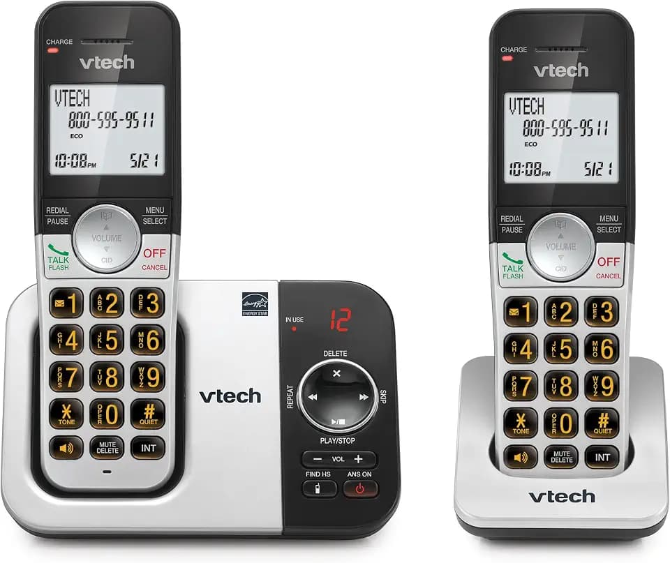 VTech Cordless Phone with 2 Handsets — Big Buttons, Large Backlit Display, Answering Machine, DECT 6.0, Caller ID, Intercom, Easy to Use, Silver/Black | VG232-2