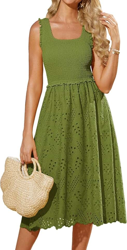 GRACE KARIN Damen Einfarbige Freizeitkleid Leicht Ärmellose Bestickt Kleid Midi A-Linie Sommerkleider mit Taschen