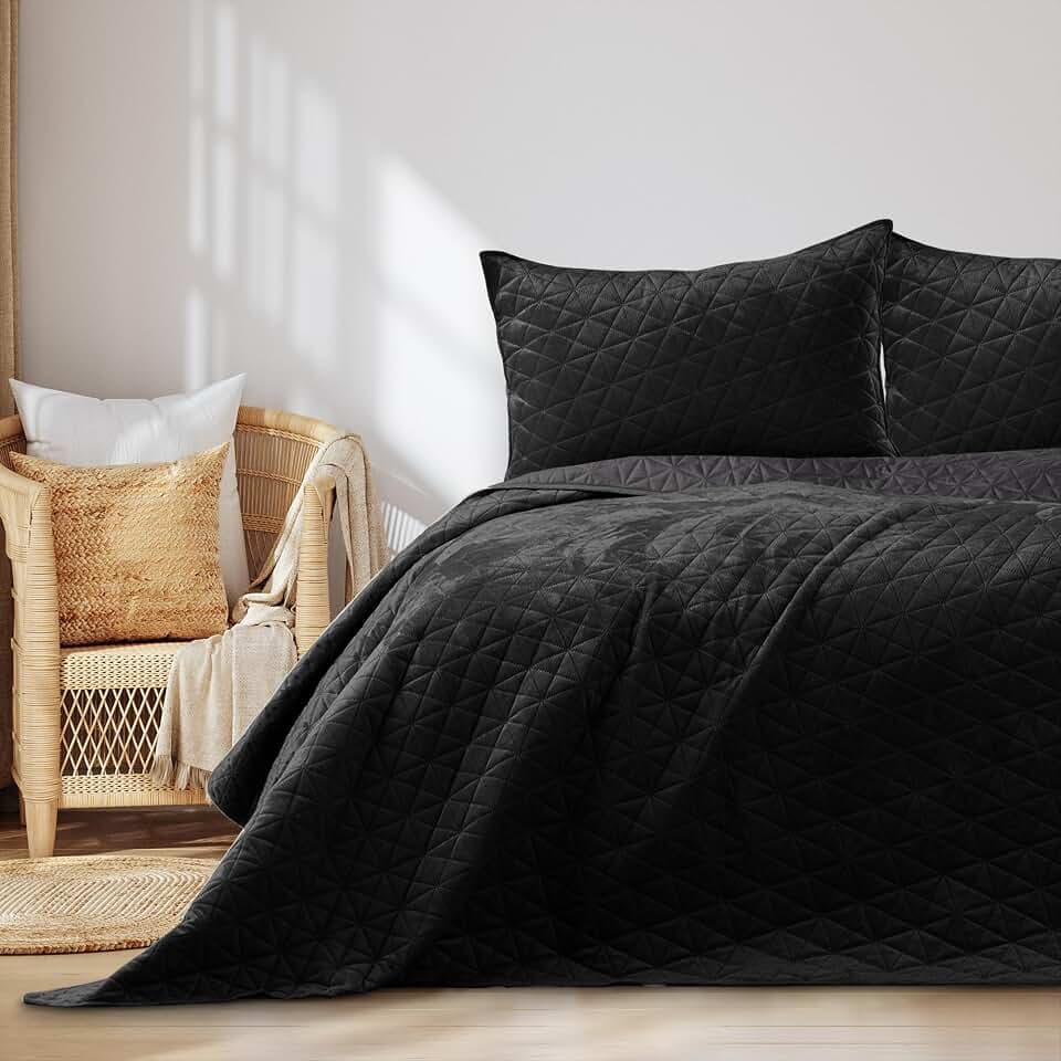 Tagesdecke 170x210 cm Schwarz Bettüberwürf zweiseitig Laila