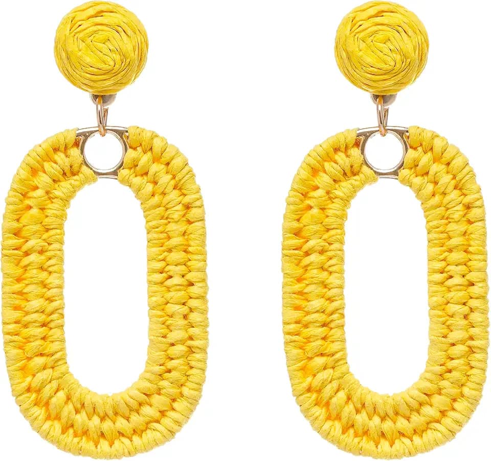 Raffia Oval Earrings for Women - Boho Woven Rattan Earrings for Summer Beach - Tropical Vacation Earrings