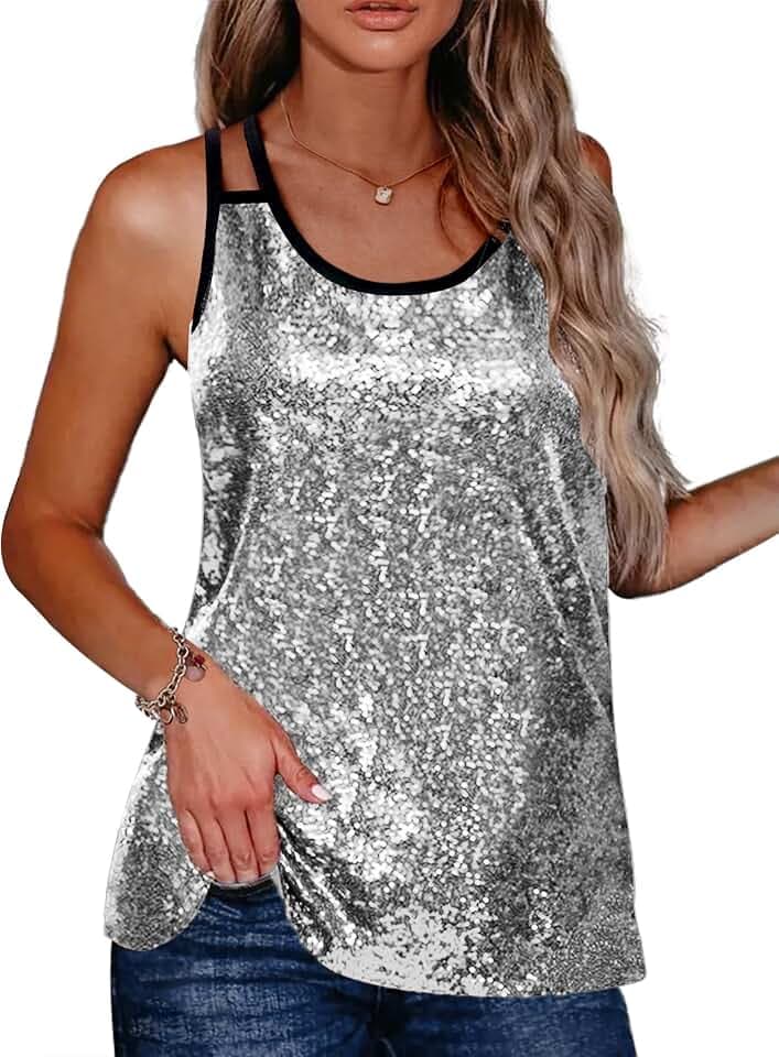 Zeagoo Damen Pailletten Top Ärmelloses Sparkle Tank-Tops Trägershirt Rundhalsausschnitt Party Club Shirt Cocktail Vest Shirt S-XXL