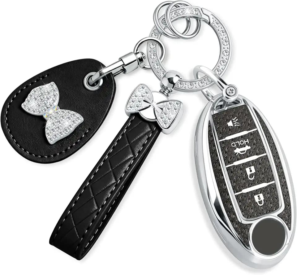 Key Fob Cover with Leather Holder Compatible with Airtag/RFID,Compatible with Nissan Altima Murano Juke Sentra Pathfinder Maxima,RFID Protector,Car Key Accessories(4-Button, Black)