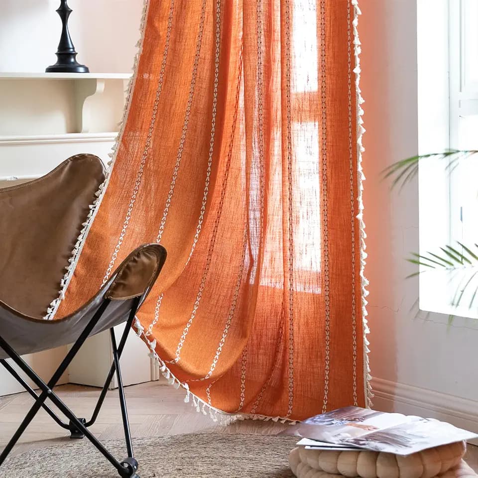 RoomTalks Orange Boho Farmhouse Curtains for Bedroom Living Room 96 Inch Length French Rustic Country Cute Fall Autumn Window Curtain Panels Bohemian Chic Tassel Draperies, 96’’L x 52’’W