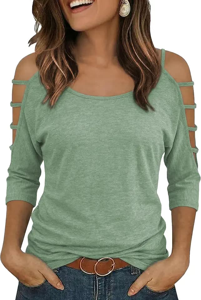 Jar of Love Women's Cold Shoulder Tops 3/4 Sleeve Sexy Going Out T-Shirts for Women Casual Tunic Tops