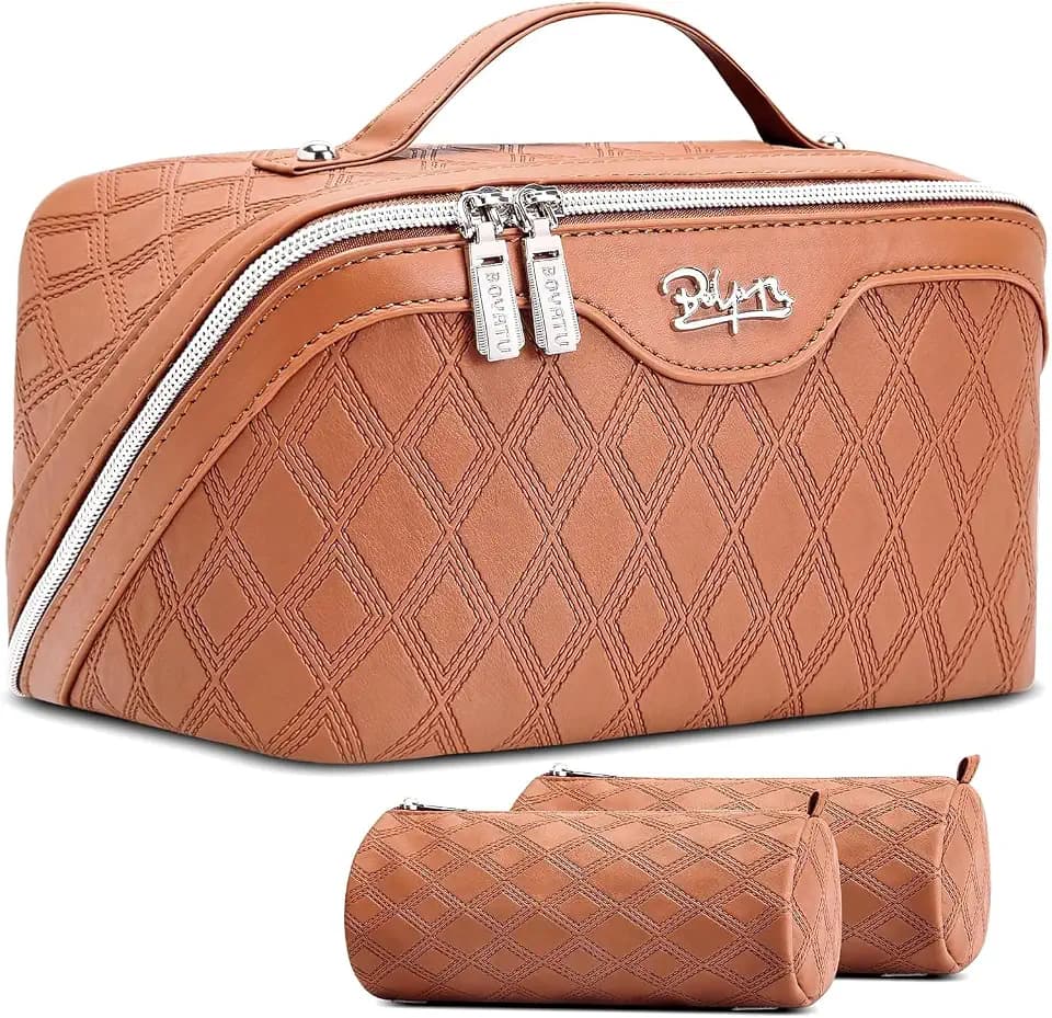 BOYATU Travel Makeup Bag Organizer: 3 Pcs Cosmetic Bag Set for Women Brown