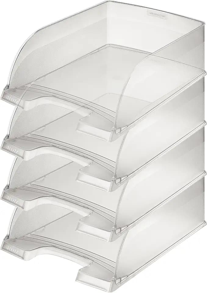 Leitz Briefkorb A4 Jumbo 4er Pack, Briefablage mit extra großem Fassungsvermögen in Premium-Qualität, Stapelbare Ablagefächer als Organizer, Kombinierbar mit Plus-Serie, Transparent, 52330003