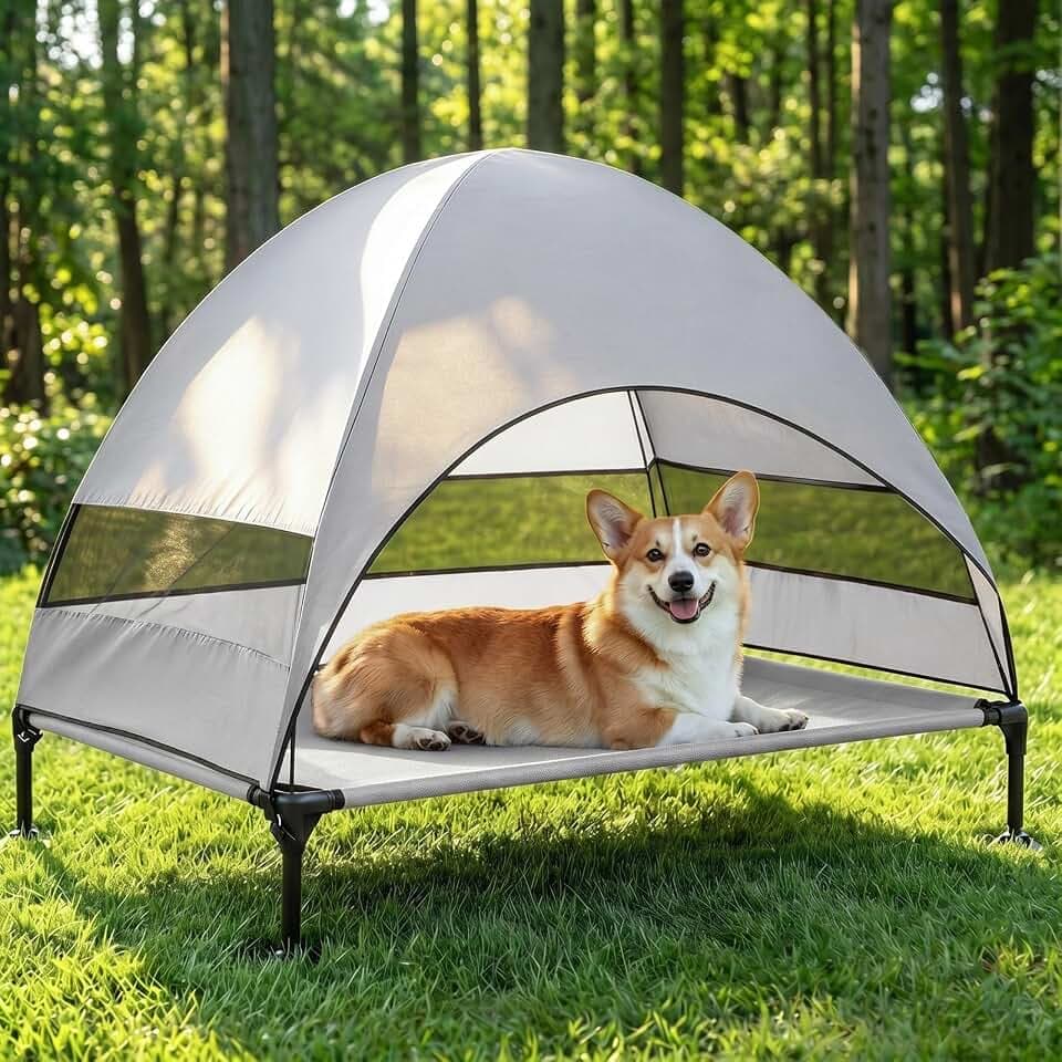 Snagle Paw Hundeliege mit Dach,Erhöhtes Hundebett mit Stabile Anti Rutsch Füße,Breiterer Schatten Hundeliege Outdoor,Wasserfest Hundebett mit Dach Grosse Hunde Camping Indoor & Outdoor