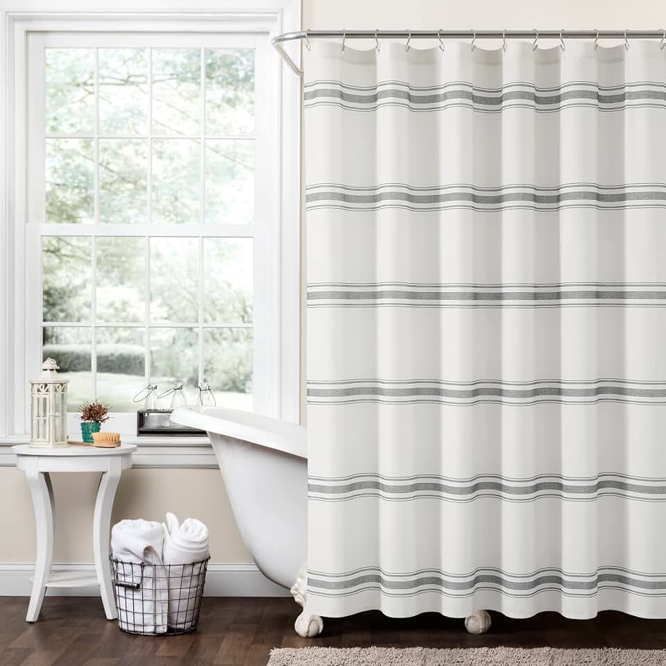 Lush Decor Farmhouse Stripe Cotton Shower Curtain, 72" W x 72" L, Dark Gray - Striped Bathroom Curtain - Fabric Shower Curtains - Farmhouse Bathroom Decor