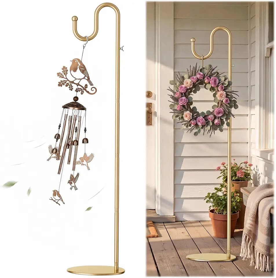 74" Shepherds Hook Stand: Hanging Wind Chimes, Bird Feeders, Plants, Gold
