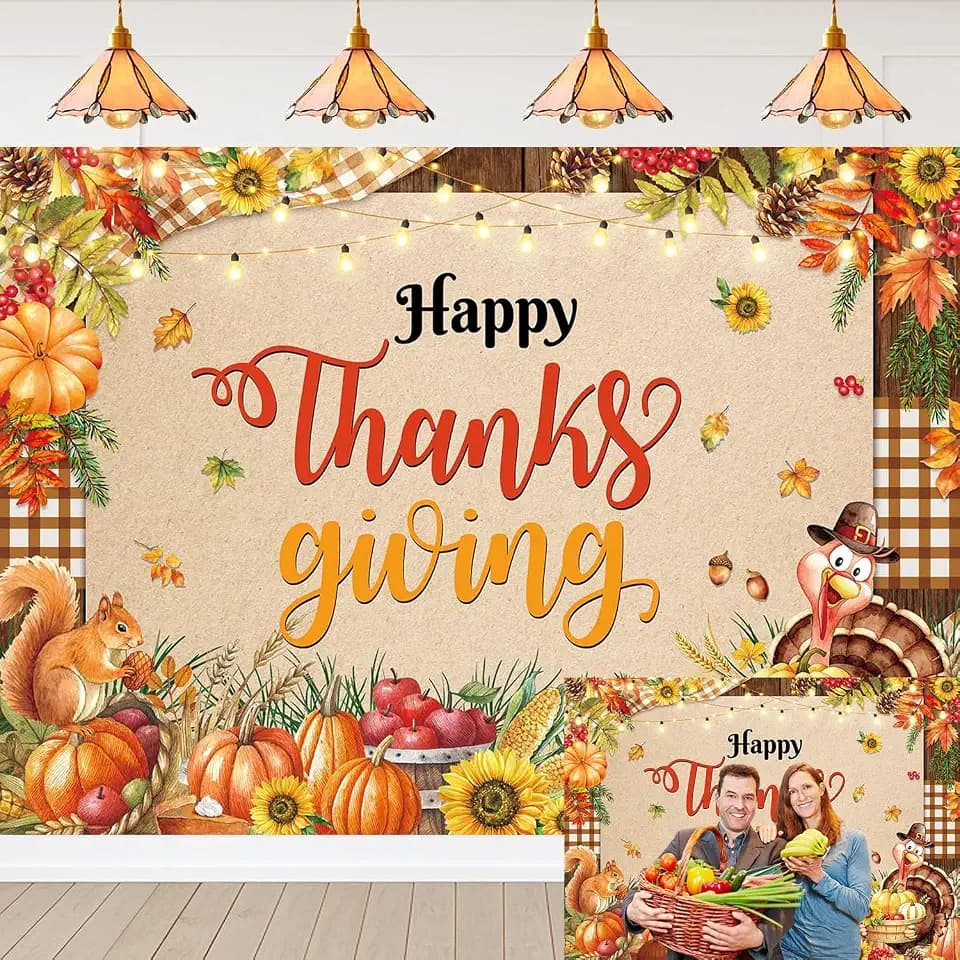 Happy Thanksgiving Banner Backdrop 7x5FT Turkey Pumpkin Leaves Sunflower Fall Harvest Photography Background Family Friendsgiving Baby Shower Birthday Party Decorations Supplies Photo Props