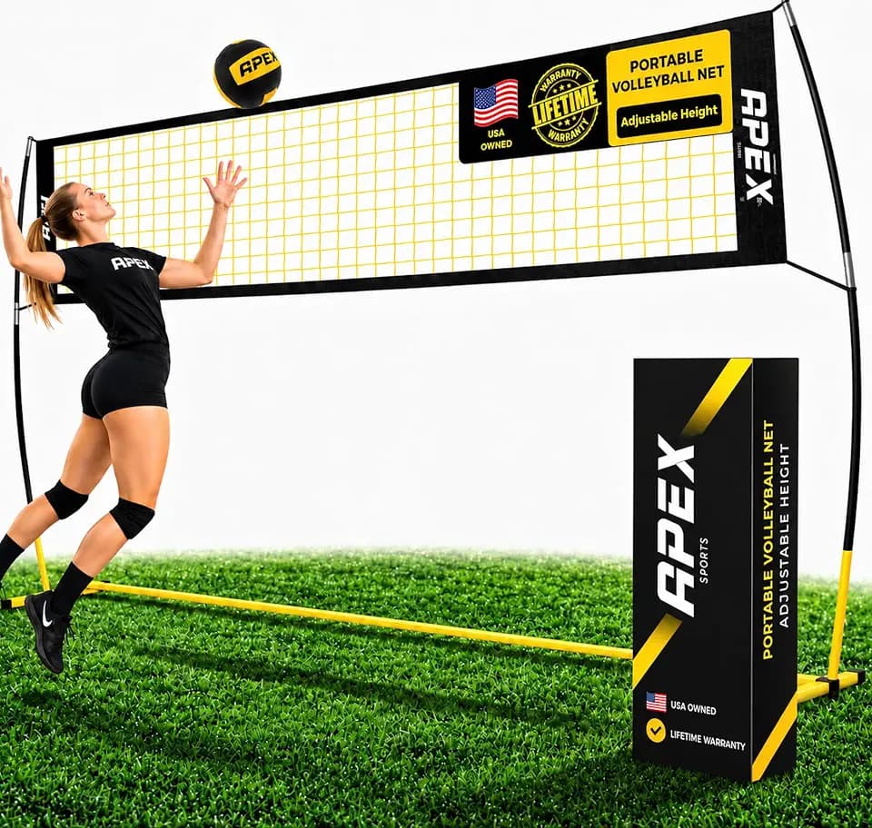 Apex Sports Volleyball Net Training – 12' Wide, Portable Adjustable Height 7.4' to 8' – Includes Ground Stakes, Carry Bag – Indoor & Outdoor Use, Designed by Pro Athletes for Peak Performance