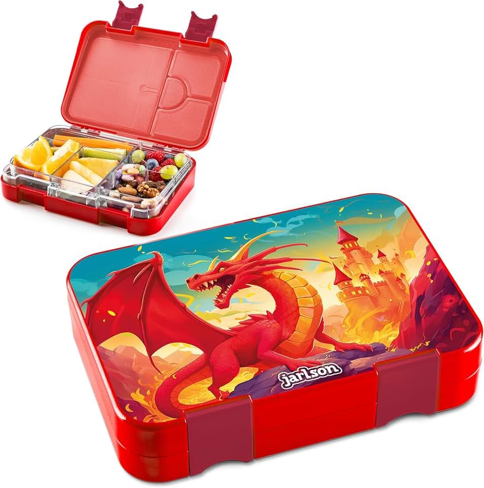 Jarlson® Brotdose Kinder mit Fächern - TONI Lunchbox - Bento Box auslaufsicher – Jausenbox für Kindergarten und Schule - Mädchen und Jungen | Vesperbox | Snackbox (DRACHEN)