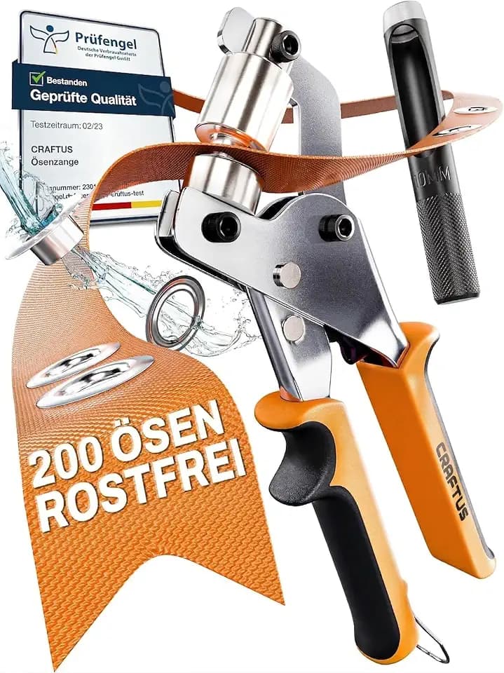 CRAFTUS Ösenzange für Planen & Banner - 200 rostfreie Edelstahl Ösen 10mm