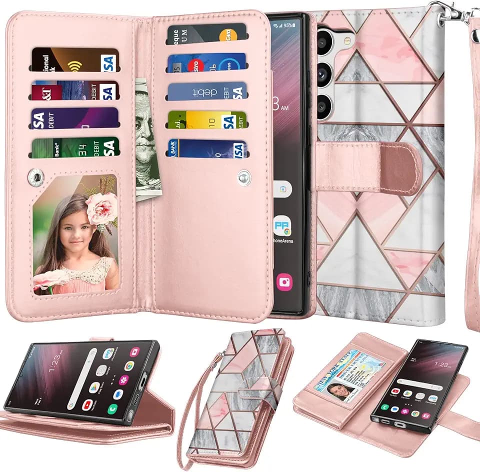 Njjex Galaxy S23 Case, for Samsung Galaxy S23 Wallet Case, [9 Card Slots] PU Leather ID Credit Holder Folio Flip [Detachable] Kickstand Magnetic Phone Cover & Lanyard for Samsung S23 [Marble Pink]