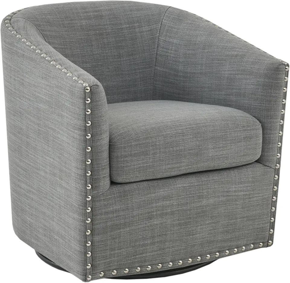 Madison Park Swivel Barrel Accent Chair, Upholstered Curved Back with 7-Inch Thick Woven Cushion, 360° Swivel, Nailhead Trim, Comfy Chair for Living Room, Bedroom, Office, 28" Wide, Grey, Tyler