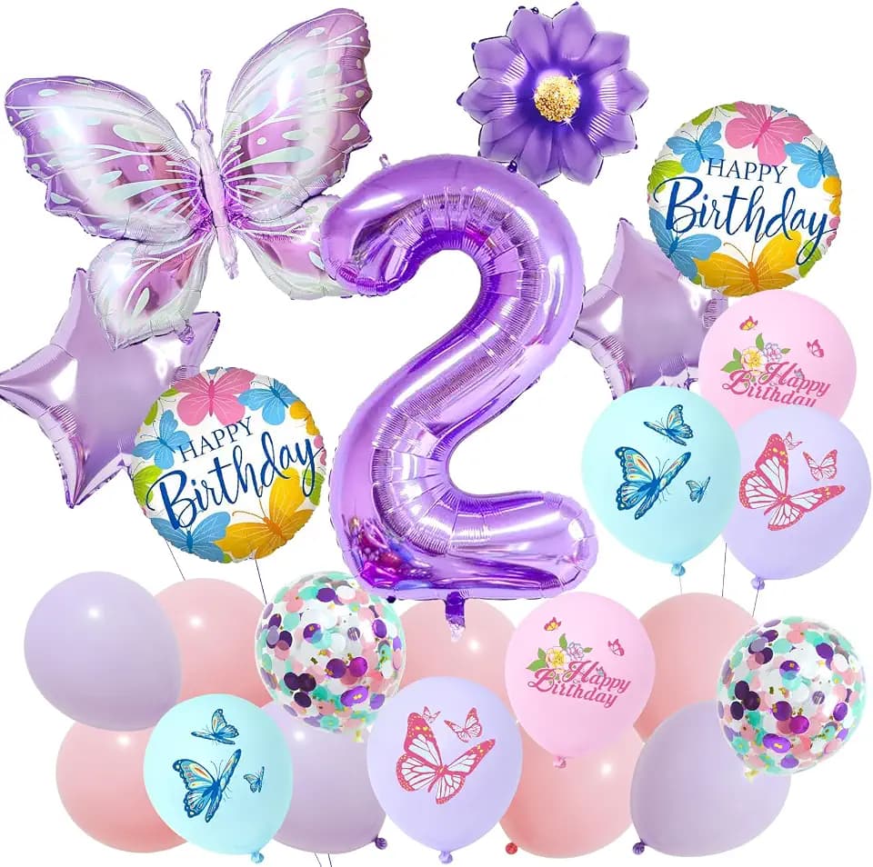 2th Birthday Decorations for Girls - Purple Butterfly 2th Number Balloons Set, Butterfly Birthday Decorations - Baby Shower Tree Decor Party Decorations