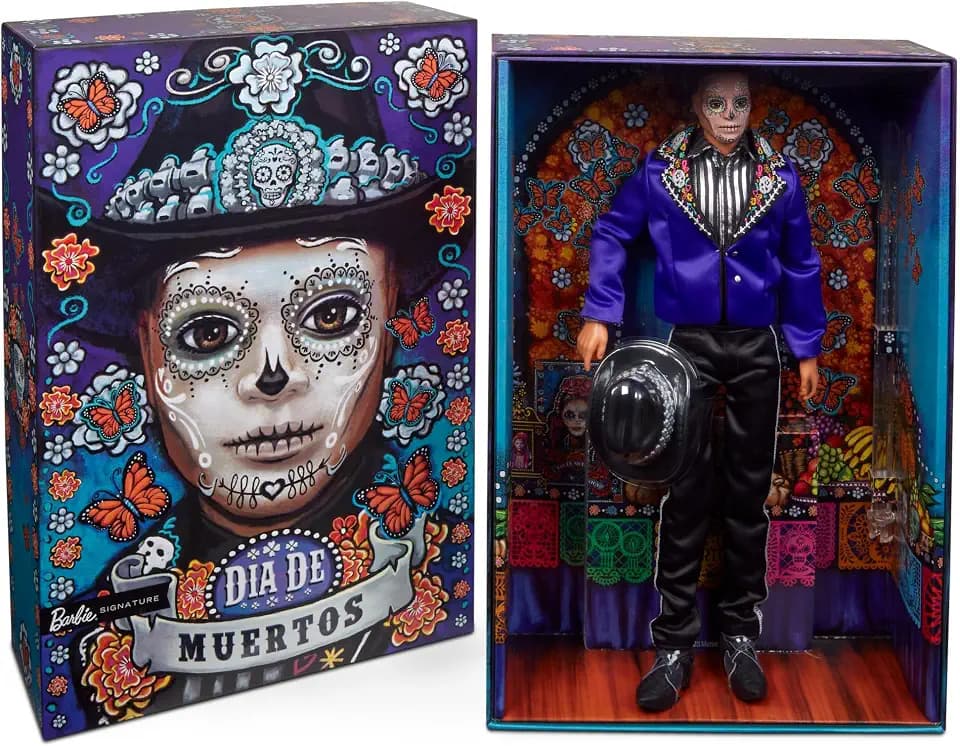 BARBIE Día De Muertos Ken - Sammlerpuppe mit sanftem Satin-Anzug, Schädelmuster, Calavera-Gesichtsbemalung, hochwertige Verpackung, für den Tag der Toten 2023, HJX15