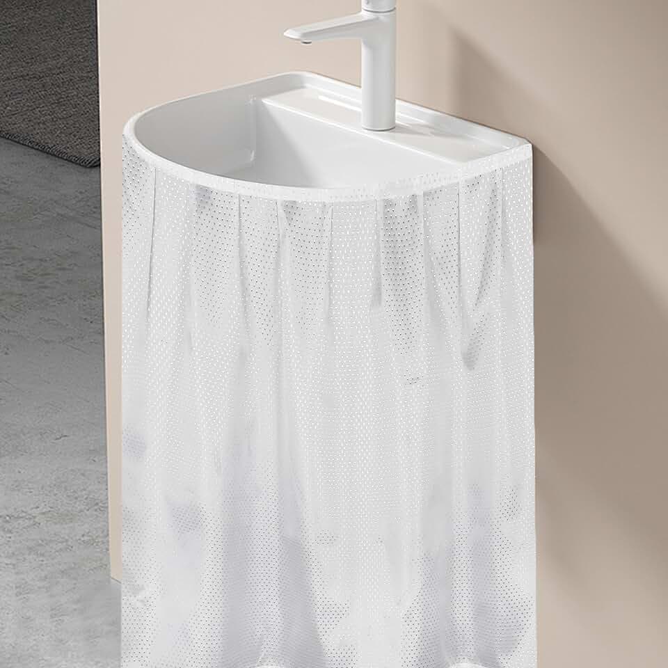Fabric Sink Skirt for Pedestal Sinks – Waterproof Under Sink Curtain Skirt to Hide Cleaning Supplies – Self-Adhesive, Easy Install, 55 x 32 Inch Bathroom Storage Solution (White)