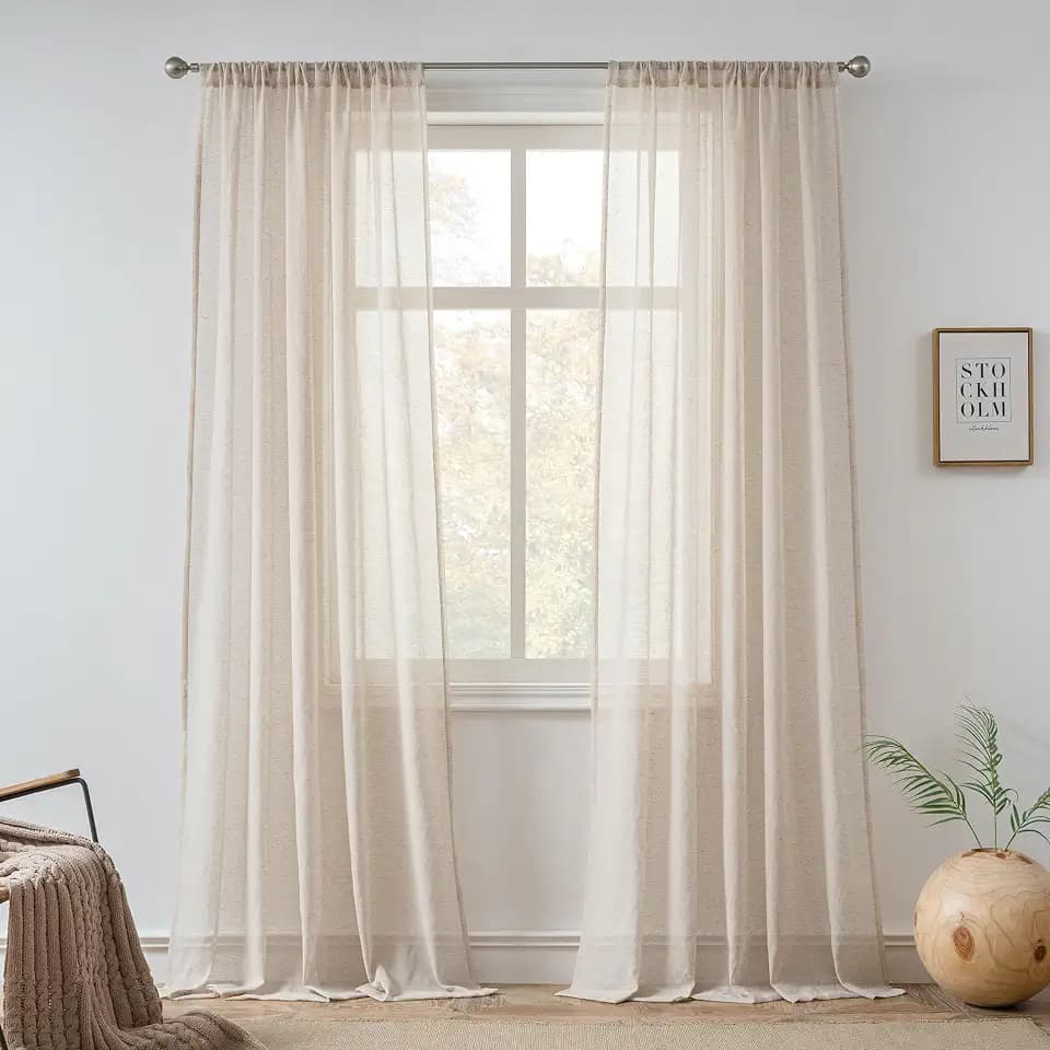 FMFUNCTEX Taupe Linen Sheer Curtains, 96 Inches, 2 Panels for Bedroom