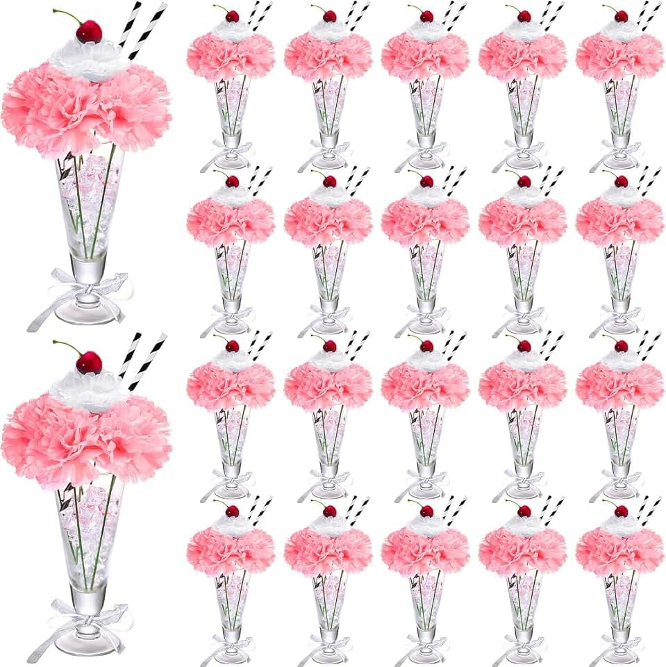 WILLBOND 20 Sets Pink Carnations Artificial Flowers, 50's Theme Party Decorations Include White Pink Carnation Lifelike Cherries and Paper Straws for Sock Hop Rock and Roll Grease Party Decorations