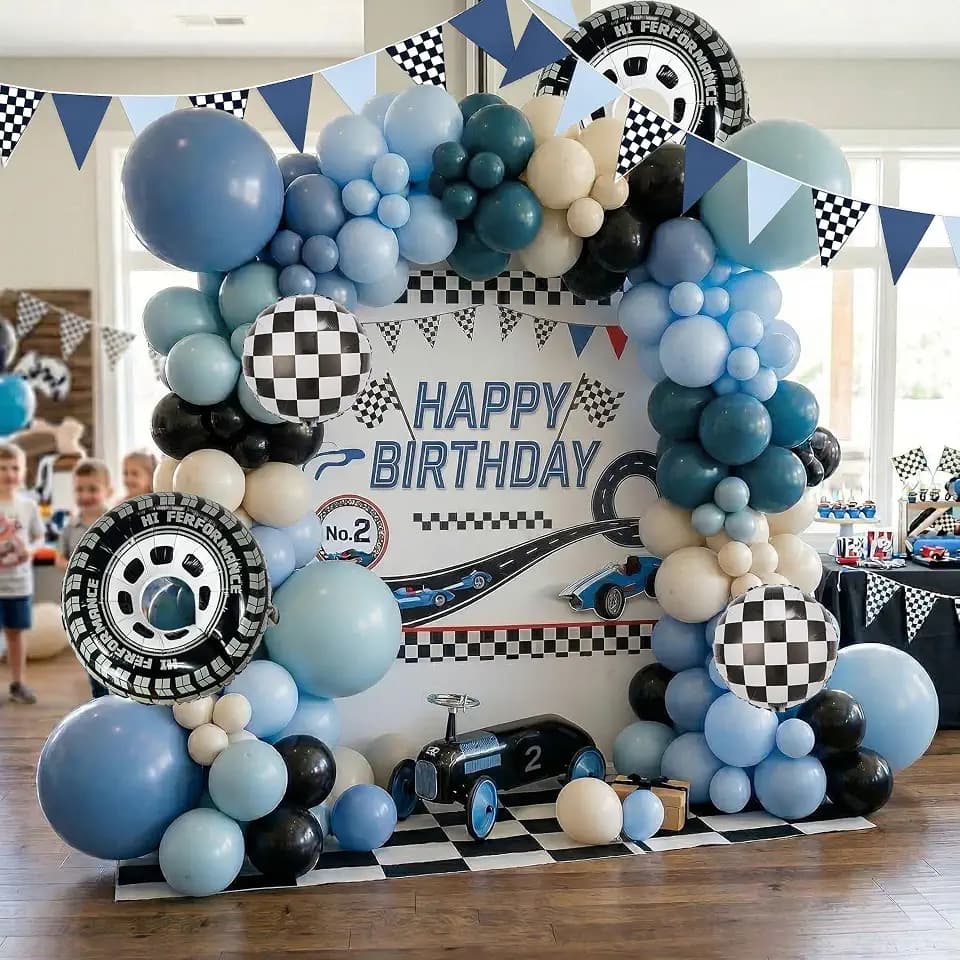 Blue Race Car Balloon Arch Kit, Dusty Blue Peacock Blue Black Balloon Garland with Checkered Balloons and Race Car Banner, for Boys Birthday, Fast One, Two Fast, Racing Party Decorations
