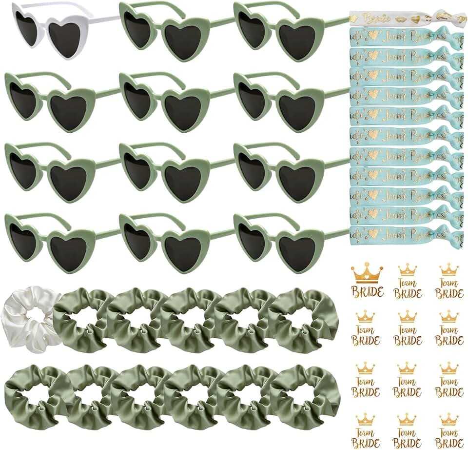YeahBoom 48 Stück JGA Brille Team Braut,Bride to Be Herz Brille Set,12 Herz Sonnenbrille+12 Bride Haargummi+12 Bride Tattoo Aufkleber+12 Bride Armband,Jungesellinnenabschied Frau Accessoires,JGA Deko