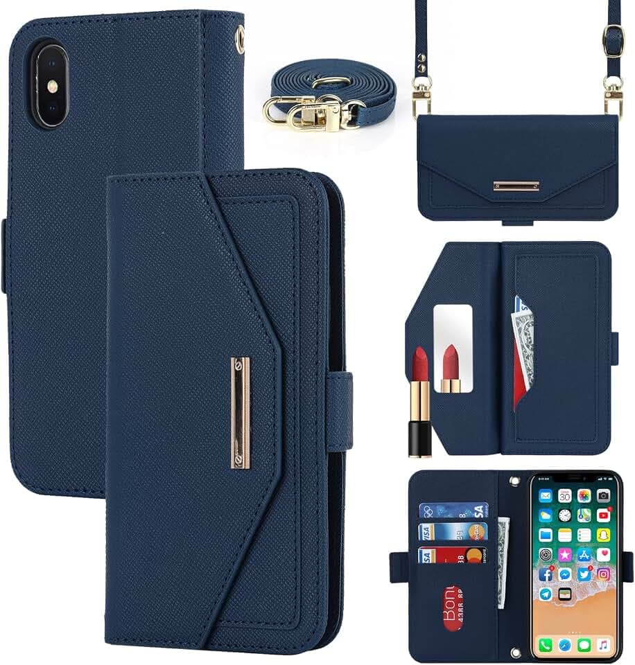 CAVOR Handykette Handyhülle kompatibel mit iPhone X/XS Hülle Mit Band,Flip Leder Geldbörse Handyhülle,[Spiegel][5 Kartenfach][Magnetisch],Klapphülle Handytasche zum umhängen - Blau